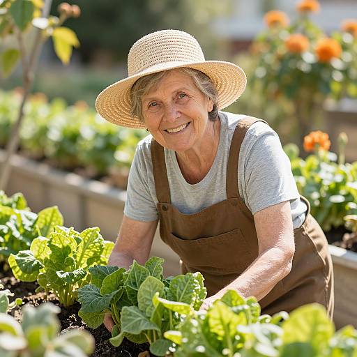 Photograph of an elderly woman with short gray hair, smiling, wearing a straw hat and brown apron, tending a lush garden with bright green