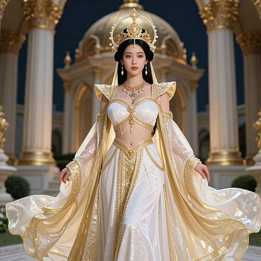Digital illustration of an Asian woman in a lavish, gold-embellished white gown and crown, standing in an opulent, golden palace at night