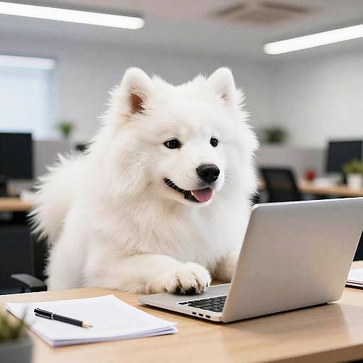 Fluffy Samoyed Working at Office Desk