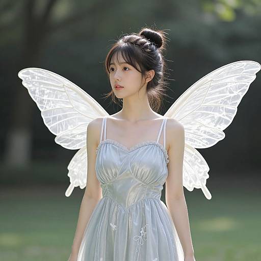 Photograph of an East Asian woman with fair skin wearing a silver, sleeveless dress and glowing white fairy wings in a sunlit park.