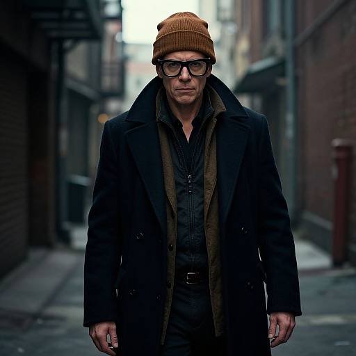 Photograph of a serious middle-aged man with glasses, brown beanie, black coat, and dark hoodie, standing in a narrow, urban alleyway