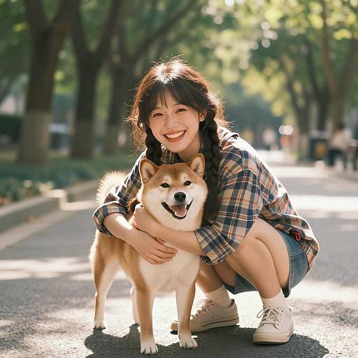 Joyful Woman Embracing Her Dog in Park