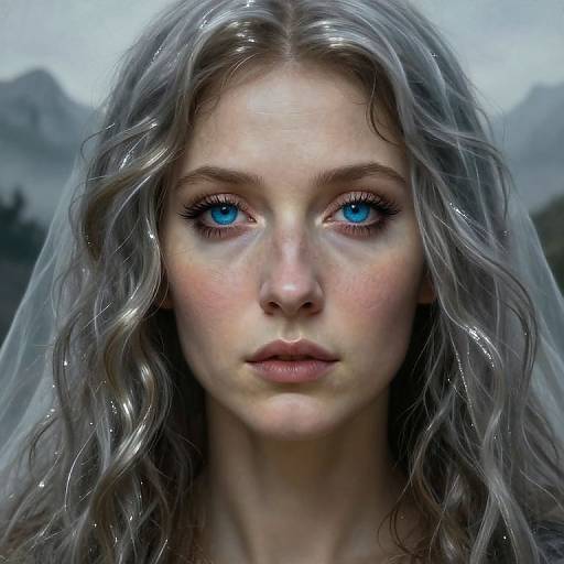 Hyper-realistic digital portrait of a young woman with striking blue eyes, wavy silver hair, and translucent veil, set against a misty mountain background