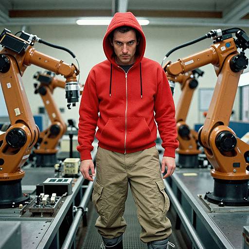Photograph of a stern-looking man in a red hoodie and beige pants standing between two large orange industrial robotic arms in a brightly lit factory.