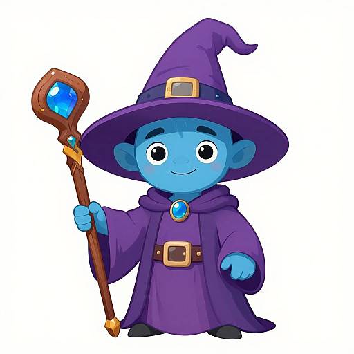 Cute blue cartoon wizard with large eyes, wearing a purple hat and robe, holding a staff with a blue gem. Digital illustration.