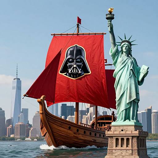 Viking Ship with Darth Vader Sail near Statue of Liberty