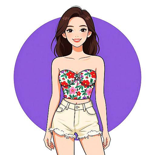 Digital illustration of a smiling Asian woman with long black hair, wearing a strapless floral top and frayed white shorts, against a purple circle.