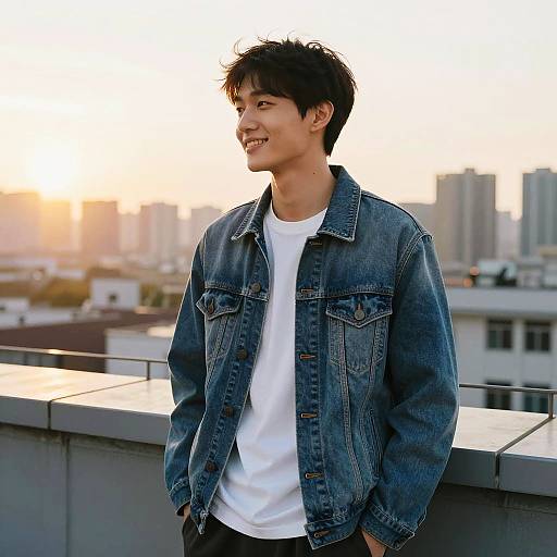 Young Man in Denim Jacket on Rooftop at Sunset