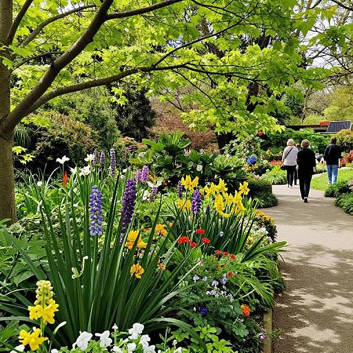 Vibrant photograph of a lush garden path with colorful flowers, including yellow, purple, blue, and red blooms, and people walking under a leaf