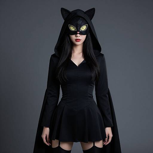 Photograph of a pale-skinned woman with long black hair, wearing a black cat mask, black hooded dress, and thigh-high stockings, against