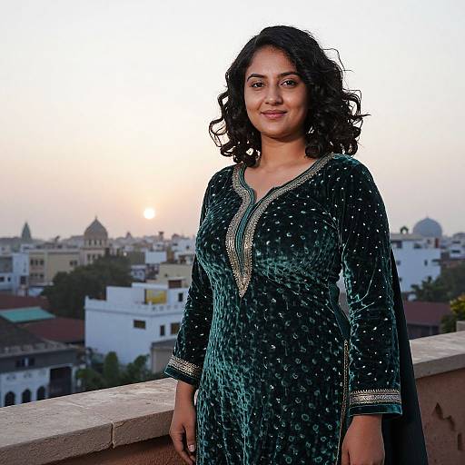 Photograph of a smiling South Asian woman with curly black hair, wearing a dark green velvet kurta with gold embroidery, standing on a rooftop at sunset