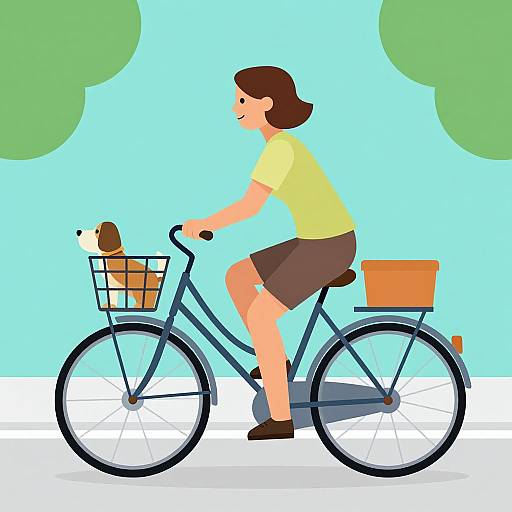 Digital illustration of a woman with brown hair, yellow shirt, brown shorts, riding a blue bicycle with a basket and box, a small dog in the