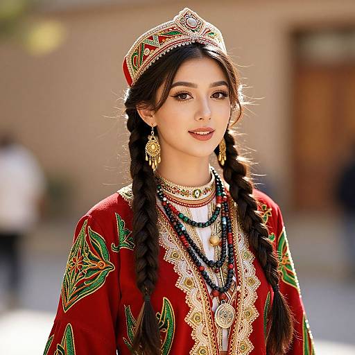 Photograph of an Asian woman with long braided hair, wearing a red traditional embroidered dress, gold jewelry, and a matching headpiece, smiling against