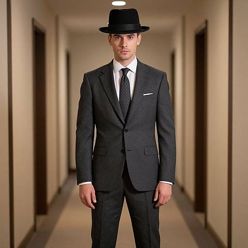 Photograph of a handsome man in a black suit, white shirt, black tie, and black fedora, standing in a narrow, dimly lit