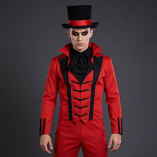 Photograph of a man with pale skin, dark makeup, wearing a black top hat and red jacket with black trim, black shirt, and dark scarf