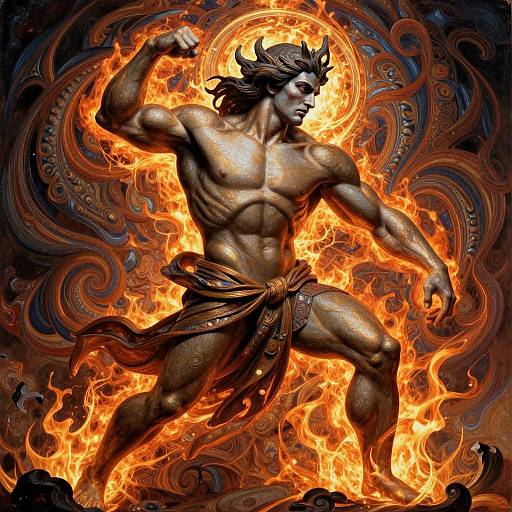 Digital artwork of a muscular, bronze-skinned, horned male deity with flowing hair, mid-leap, surrounded by intense orange flames, wearing a