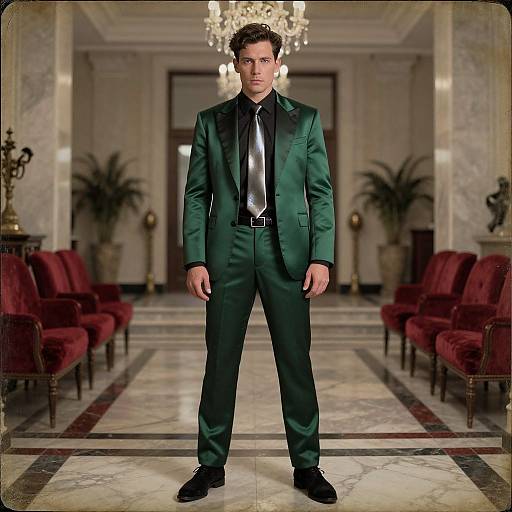 Photograph of a handsome man in a dark green satin suit, black shirt, and tie, standing in an elegant, opulent ballroom with red