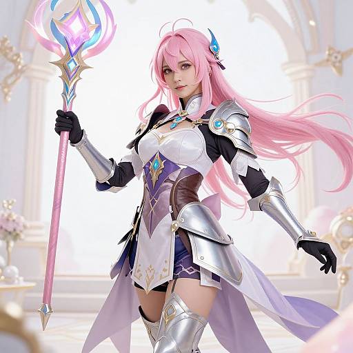 Digital anime-style artwork of a pink-haired female mage in silver armor holding a glowing, crystal-tipped staff, standing in a bright, ornate room
