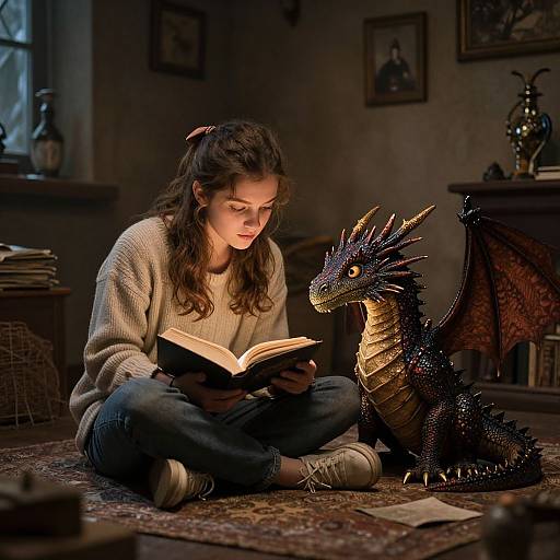 Photograph of a young woman with long brown hair, wearing a beige sweater and blue jeans, reading a book to a black, golden-scaled dragon