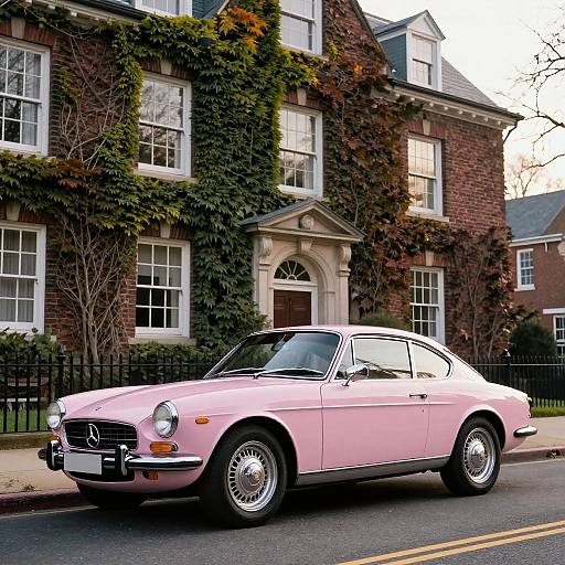 Vintage pink Mercedes-Benz convertible parked in front of a red-brick, ivy-covered mansion with white-trimmed windows and a black iron fence.