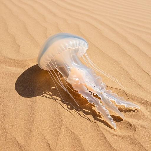 Photograph of a glowing jellyfish with translucent, flowing tentacles floating on sunlit, rippled golden sand.