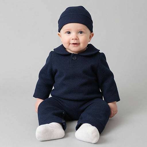 Photograph of a smiling baby with fair skin, blue eyes, wearing a black hooded onesie, black beanie, and white socks, sitting