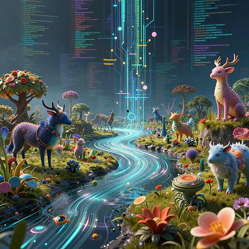 Digital art of a vibrant, futuristic forest with glowing blue stream, colorful flowers, fantastical deer, and towering trees under a neon sky.
