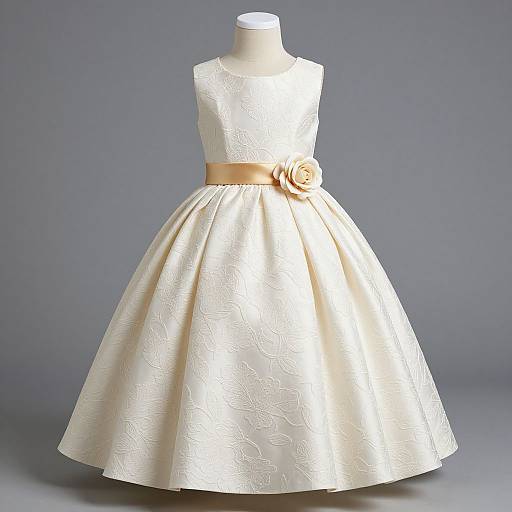 Photograph of a white lace sleeveless children's dress with a flared skirt, beige satin waistband, and a beige rose brooch.