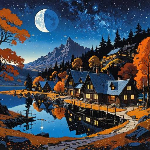Epic Autumn Hamlet Under Starry Skies