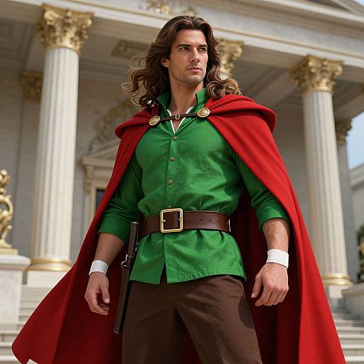 Photograph of a handsome man with long brown hair, wearing a green shirt, brown pants, red cape, and belt, standing in front of a