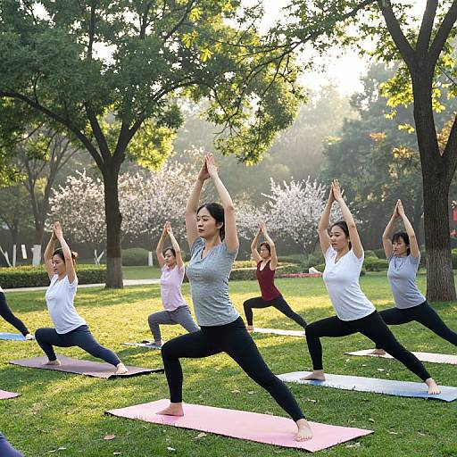 Photograph of five women in yoga poses, standing on colorful mats in a sunlit park with trees and blossoming flowers.