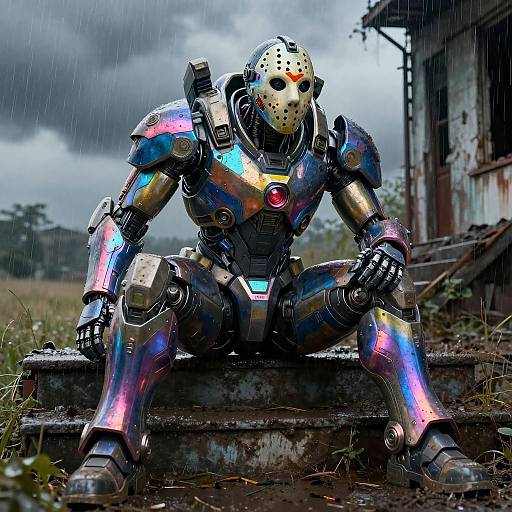 Photorealistic digital art of a rain-soaked, metallic, colorful robot with a Jason Voorhees mask, sitting on weathered steps, in