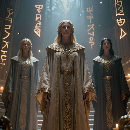 Photograph of three women in ornate, medieval-style robes with gold embroidery, standing in a dimly lit, mystical hall with glowing runes on the