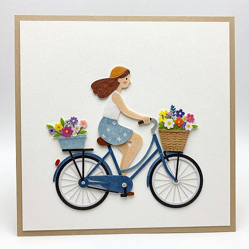 Digital illustration of a red-haired woman in a white top and blue skirt riding a blue bicycle with two flower-filled baskets.