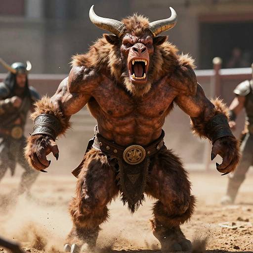 Photorealistic CGI of a muscular, roaring minotaur with brown fur, large horns, and a leather belt, charging in a dusty arena with