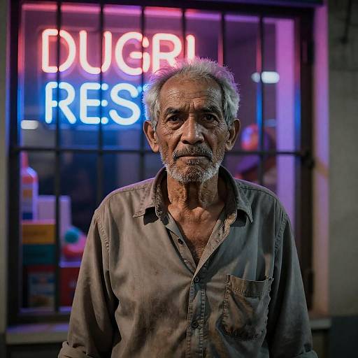Urban Elder with Neon Storefront