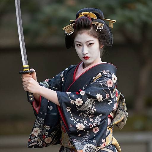 Photograph of an elegant Japanese geisha in a black floral kimono, holding a katana, with a traditional black hairpin and red lipstick,