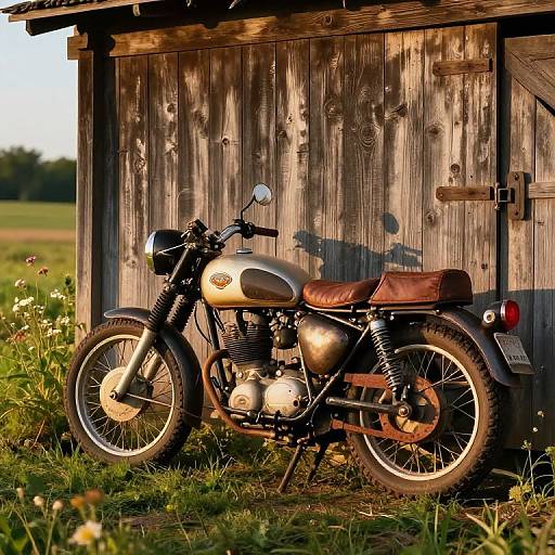 Photograph of a vintage silver and black motorcycle with brown leather seat, parked in front of a weathered wooden shed, surrounded by green grass and wild