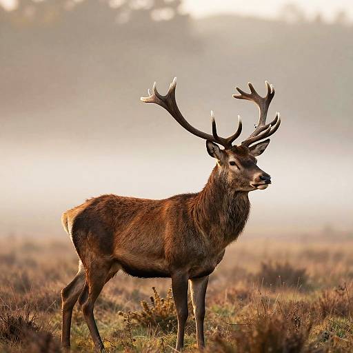 Red Deer Portrait on Foggy Moorland