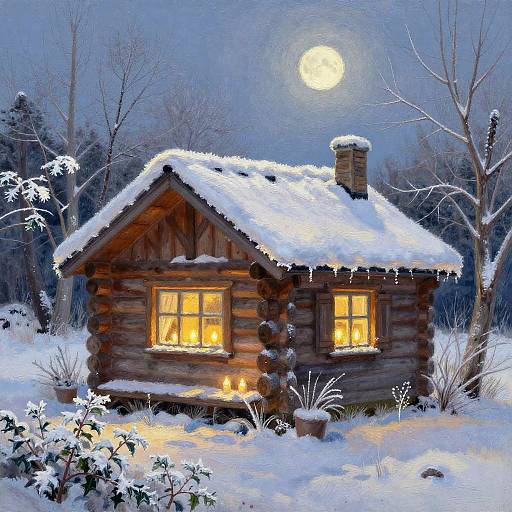 Cozy Snowy Log Cabin in Moonlight