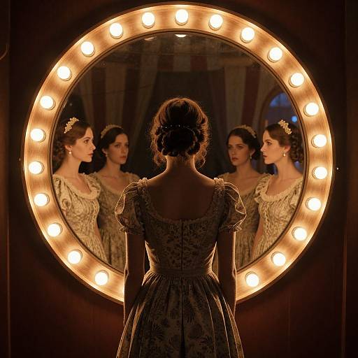 Photograph of a woman with an updo, wearing a lace dress, standing before a circular mirror with illuminated bulbs, reflected in three images.