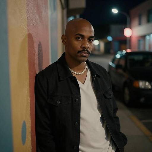 Bald Man with Pearl Necklace at Night