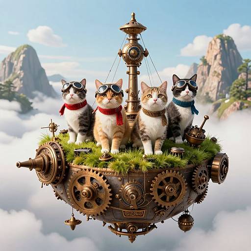 Steampunk Cats Piloting Floating Airship