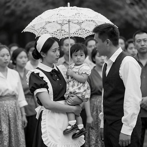 Vintage Scene: Woman, Child, and Crowd