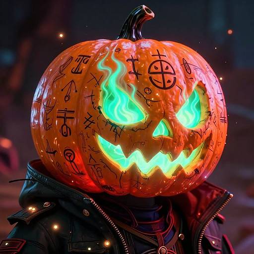Glowing, carved pumpkin with eerie blue eyes and jagged teeth, adorned with cryptic symbols, sits on a person in a black, z