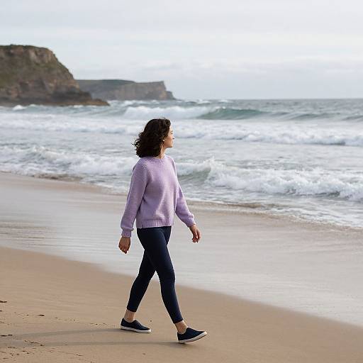 Photograph of a woman with curly brown hair, wearing a light purple sweater, black pants, and black shoes, walking along a sandy beach with waves