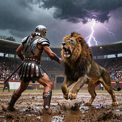 Photograph of a muscular gladiator in silver armor facing a roaring lion in a muddy, lightning-struck arena filled with spectators.