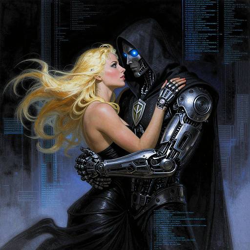 Digital artwork of a blonde woman in a black leather dress embracing a robotic figure with glowing blue eyes, set against a dark, cybernetic background.