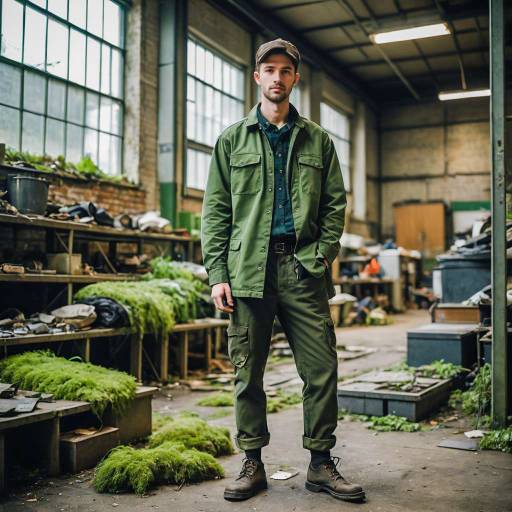 Man in Green Workwear in Abandoned Warehouse