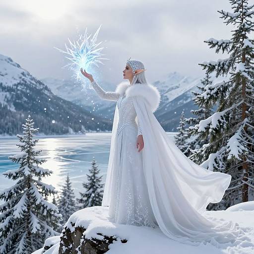 Elegant, white-clad elven woman with pointed ears and snow fur-trimmed cape, standing on snowy mountain, conjuring icy magic,